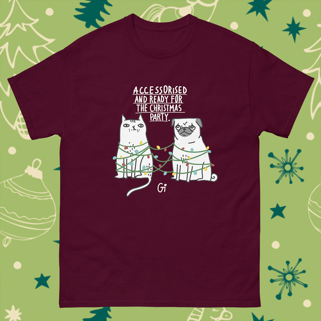 maroon color cotton t shirt Christmas cat and dog