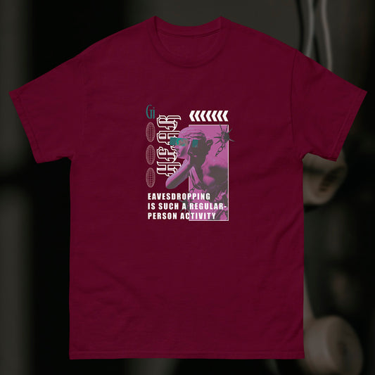 maroon color cotton t shirt with purple statue