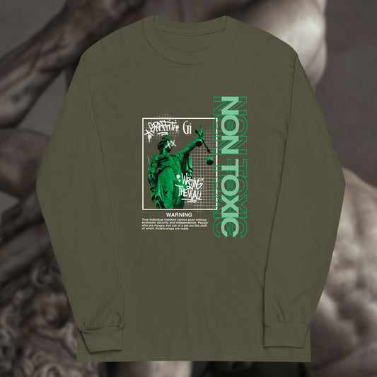 military green unisex long sleeve with liberty statue print