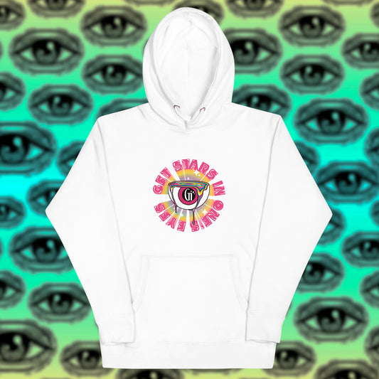 white unisex premium cotton hoodie with sparkling eye