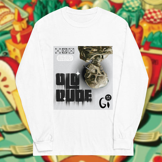 white unisex long sleeve with old skull print