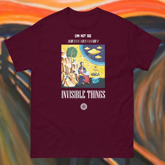 maroon color cotton t shirt with God and UFO