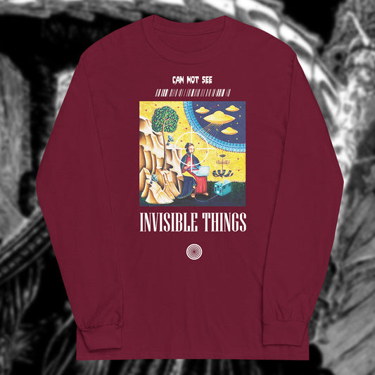 maroon unisex long sleeve with God and UFO print