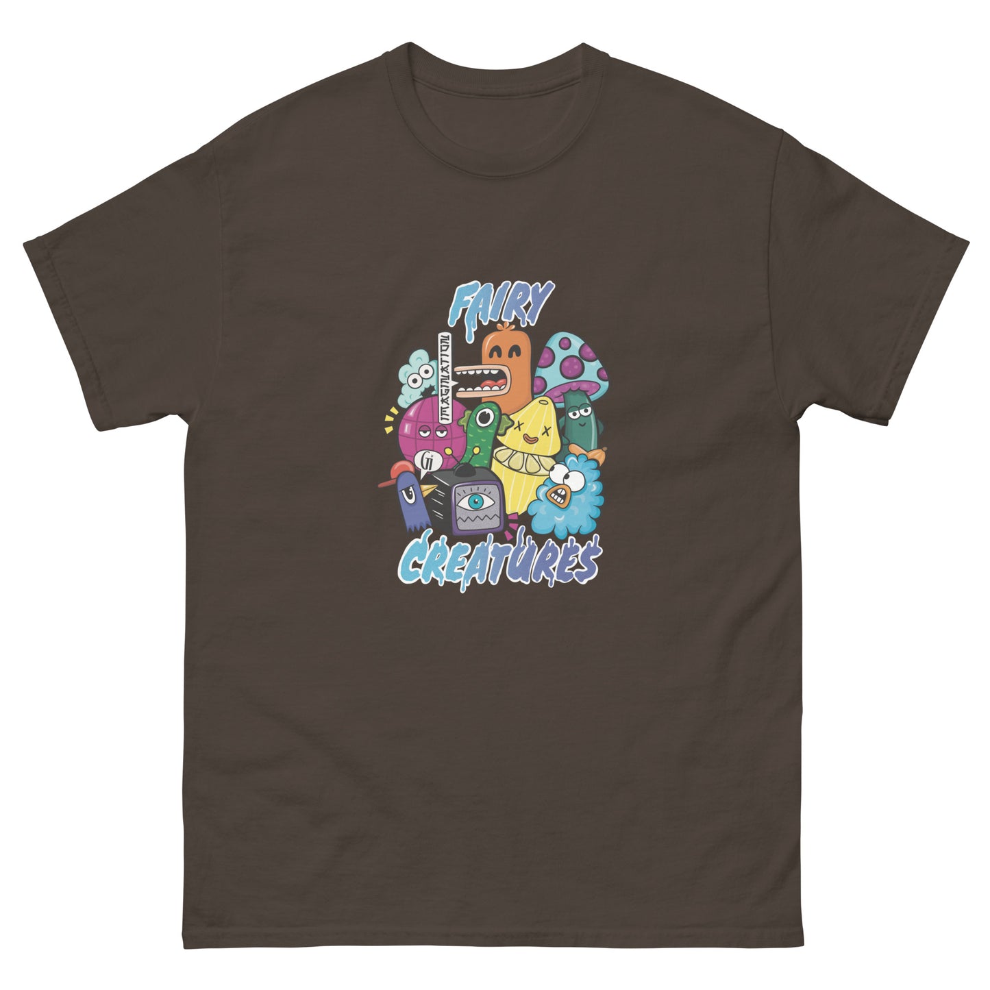 chocolate color cotton t shirt with fairy creatures