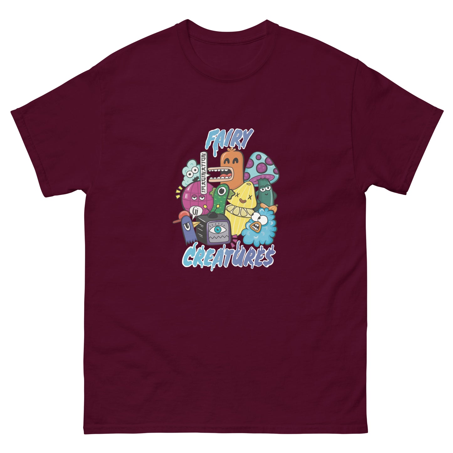 maroon color cotton t shirt with fairy creatures