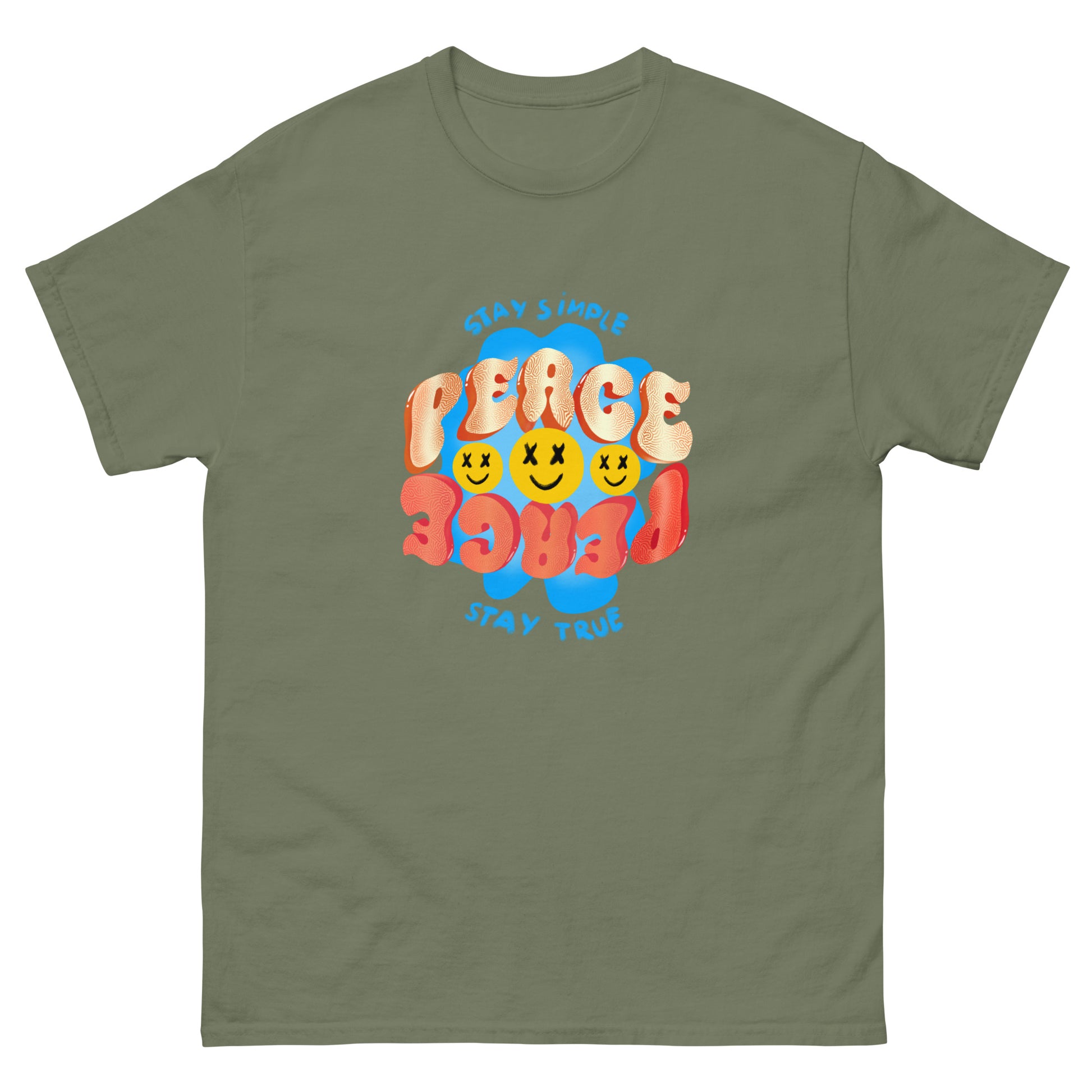 military green color cotton t shirt with colorful print