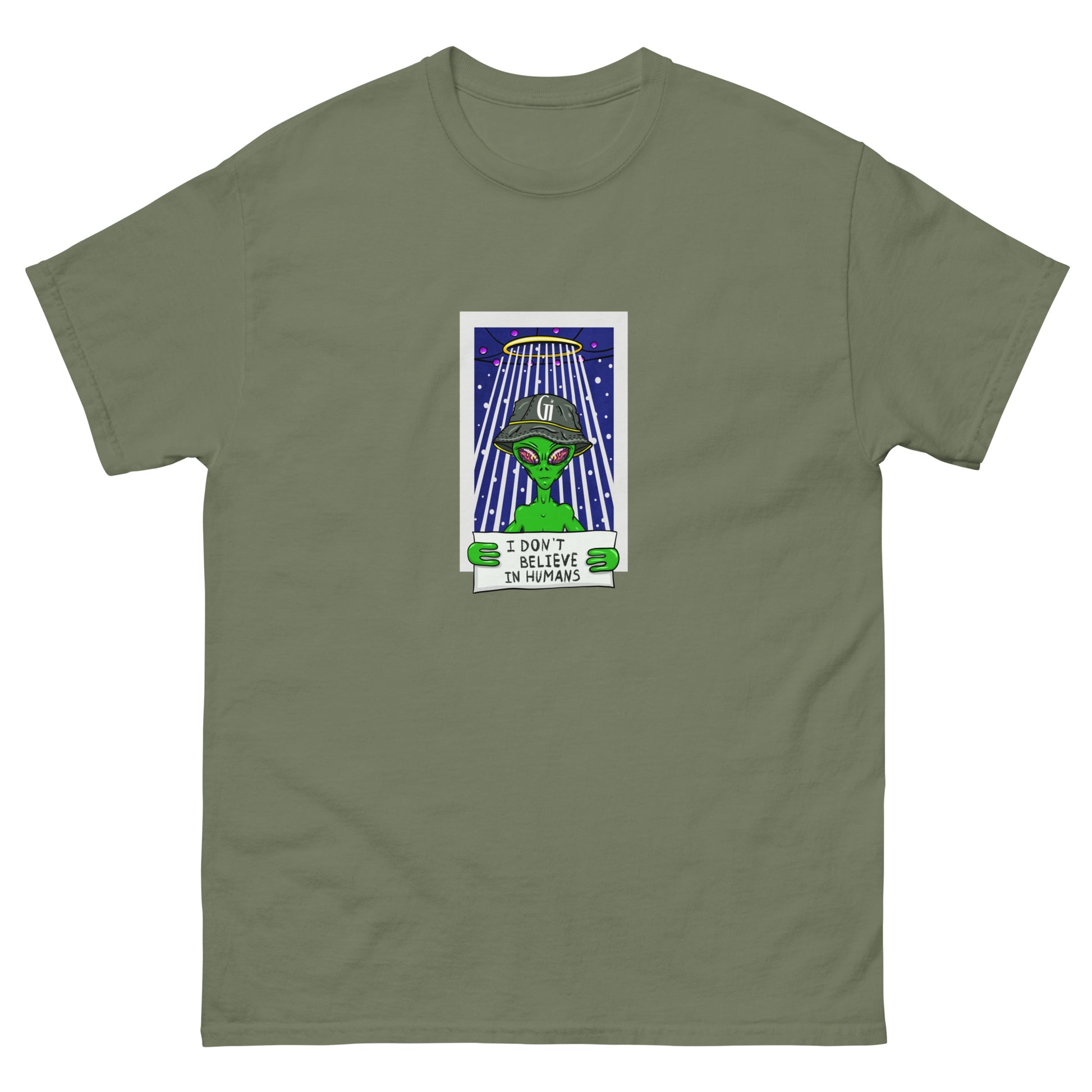 military green color cotton t shirt with stylish alien