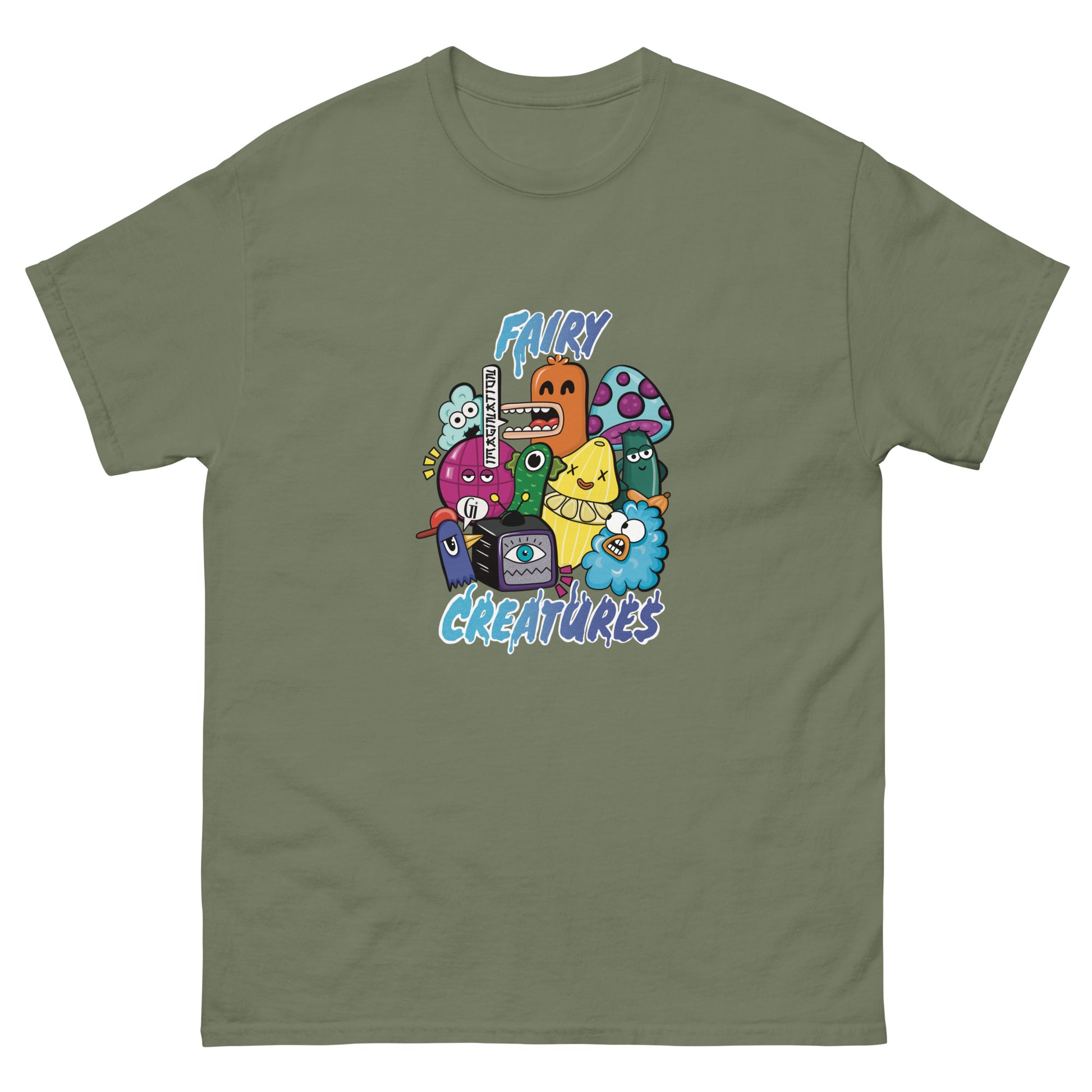 military green color cotton t shirt with fairy creatures