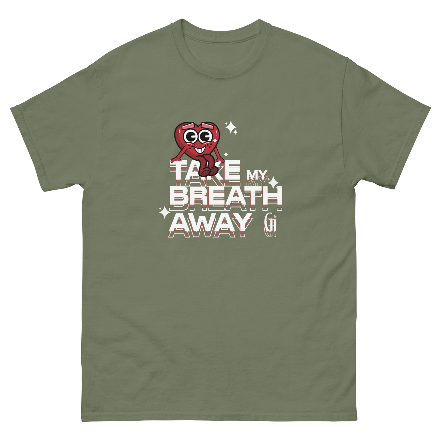 military green color unisex cotton t shirt with heart