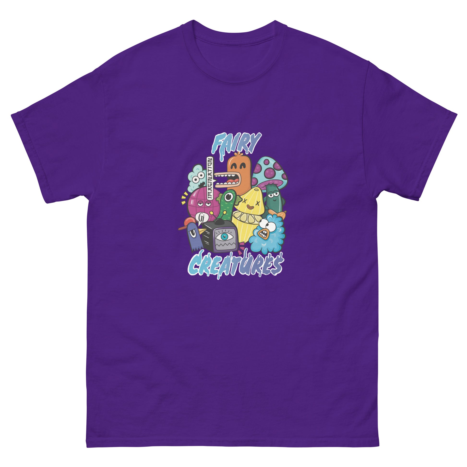 purple color cotton t shirt with fairy creatures