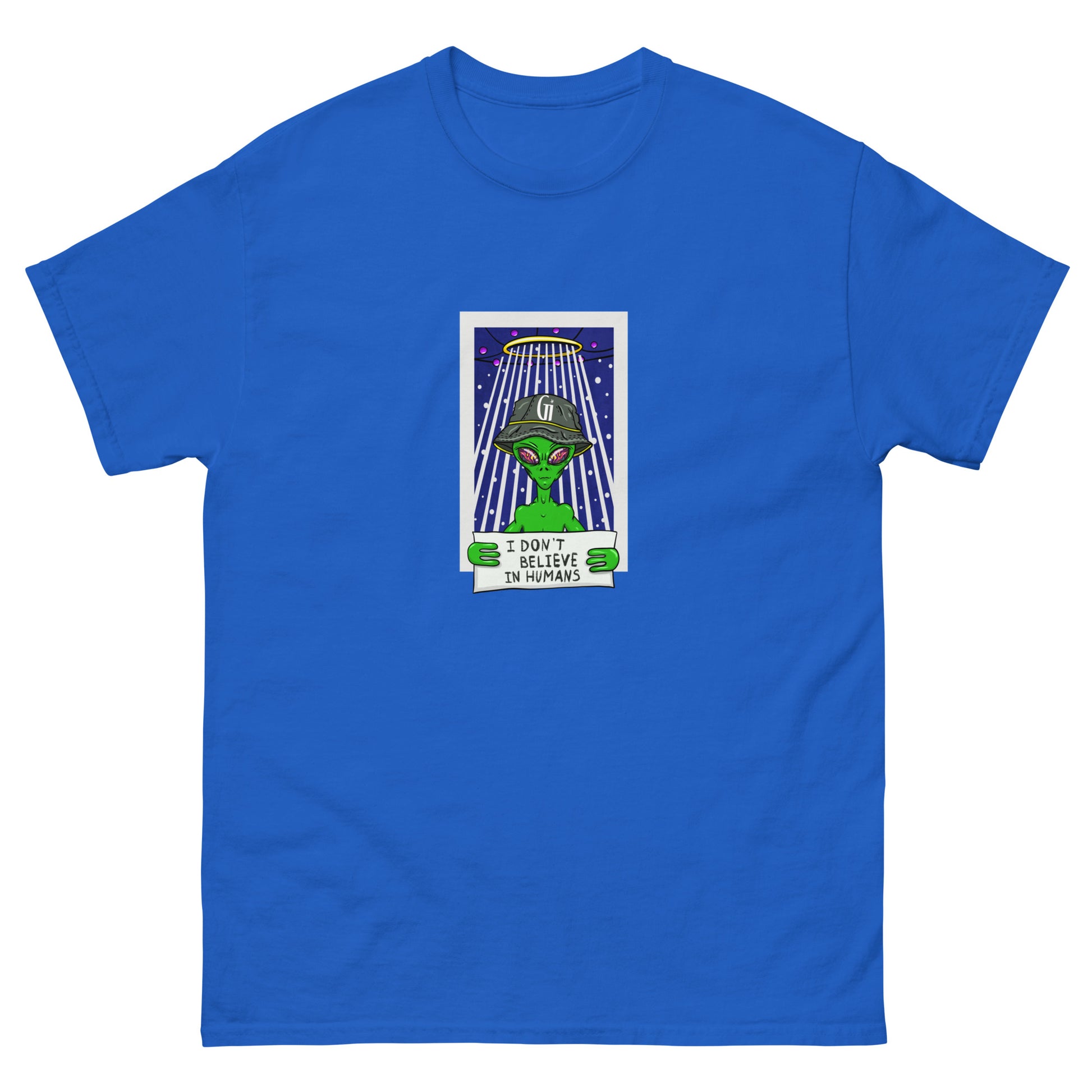 royal blue color cotton t shirt with stylish alien