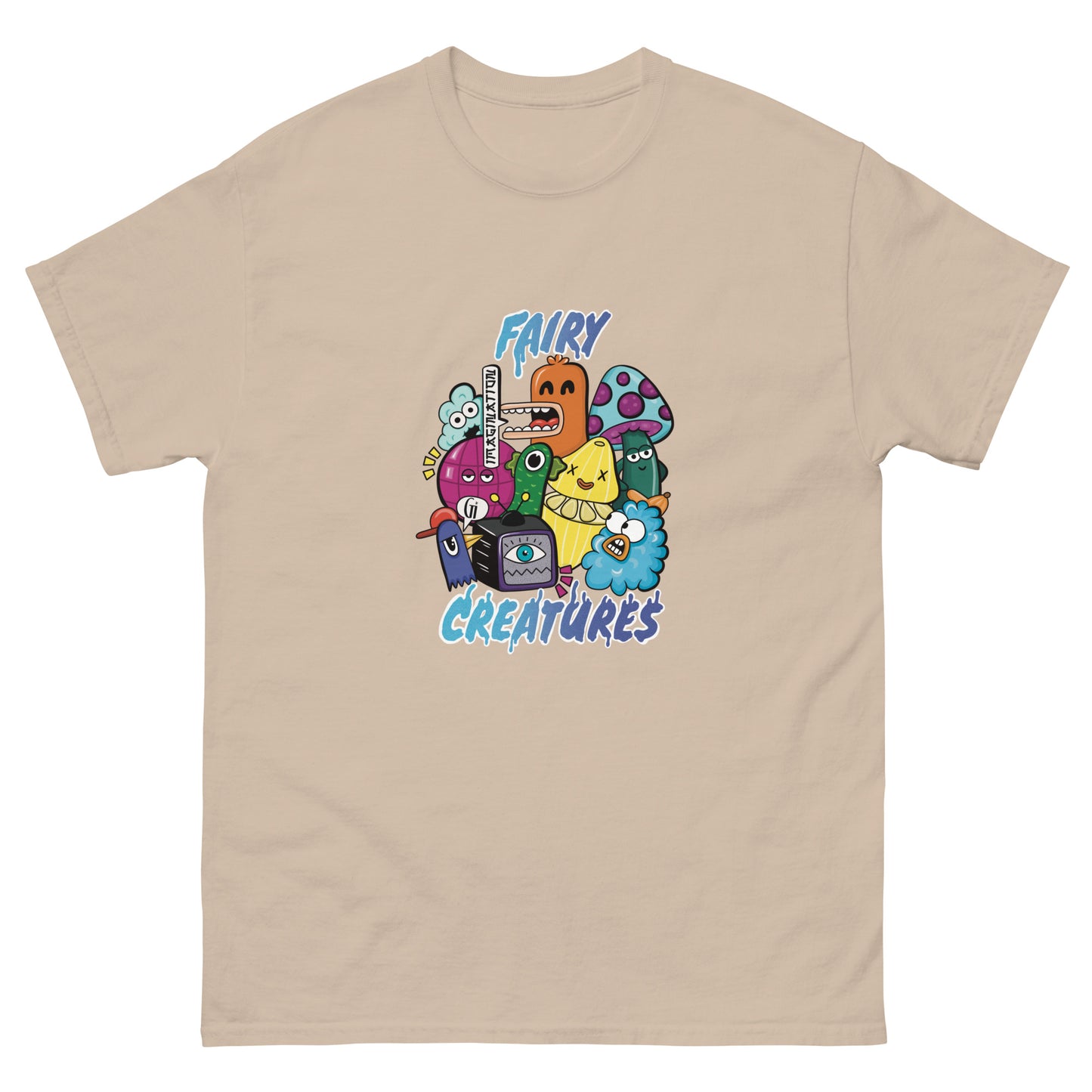 sand color cotton t shirt with fairy creatures