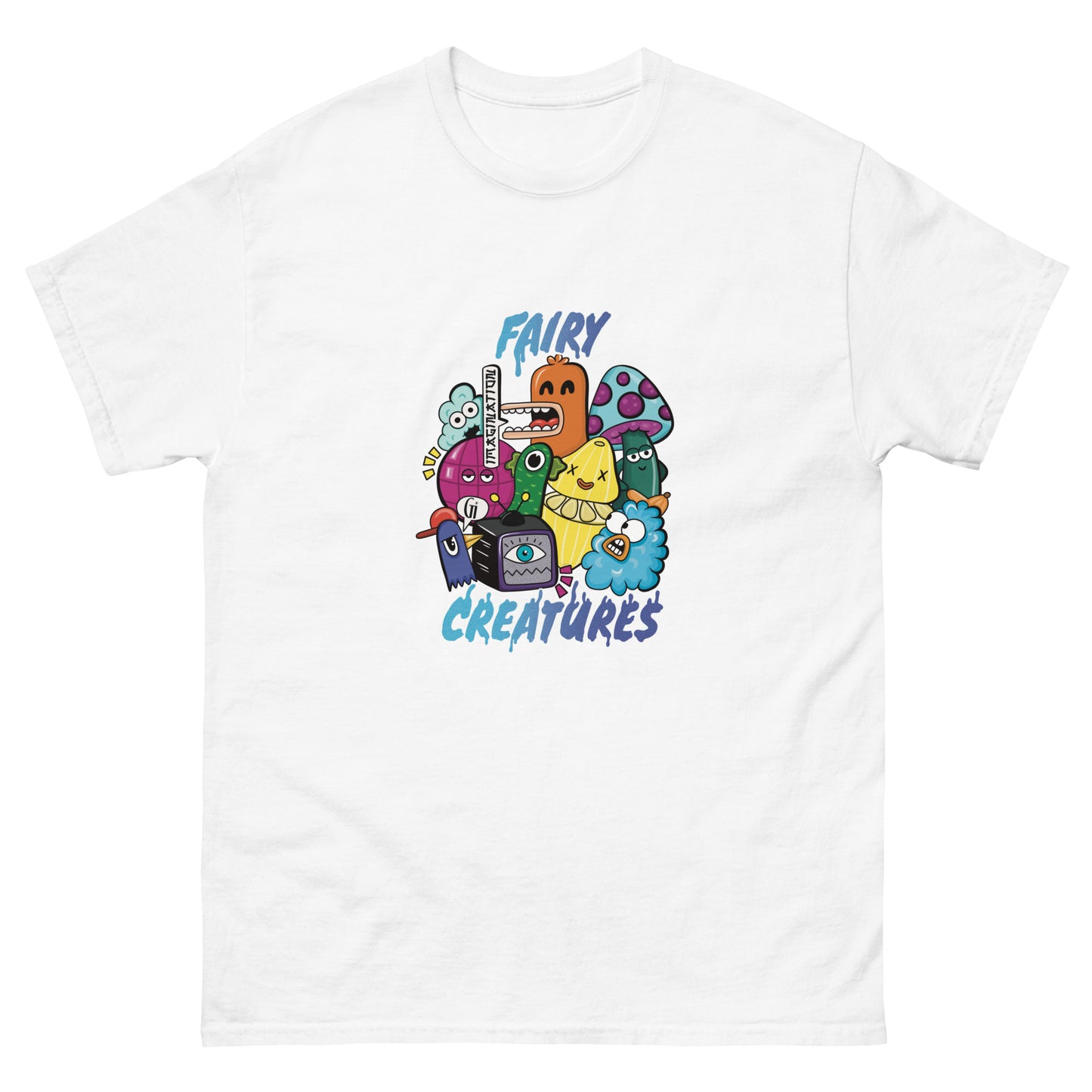 white color cotton t shirt with fairy creatures