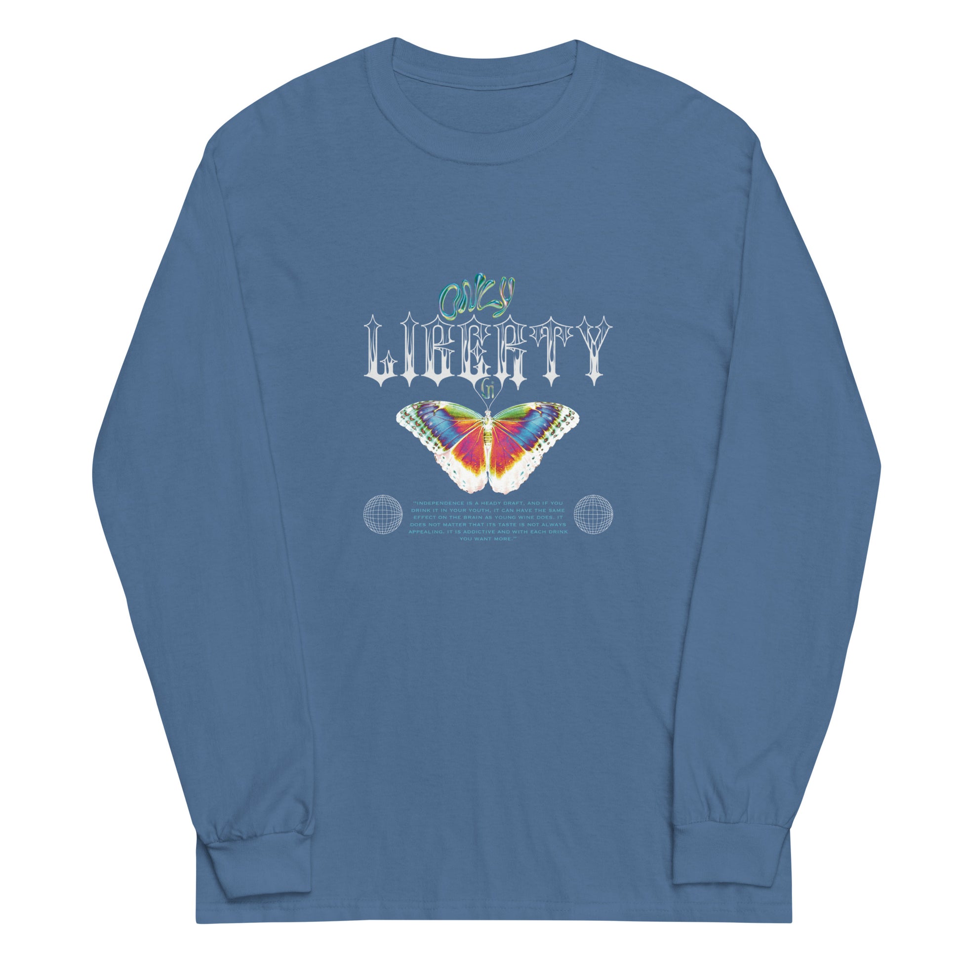 blue unisex long sleeve with butterfly print