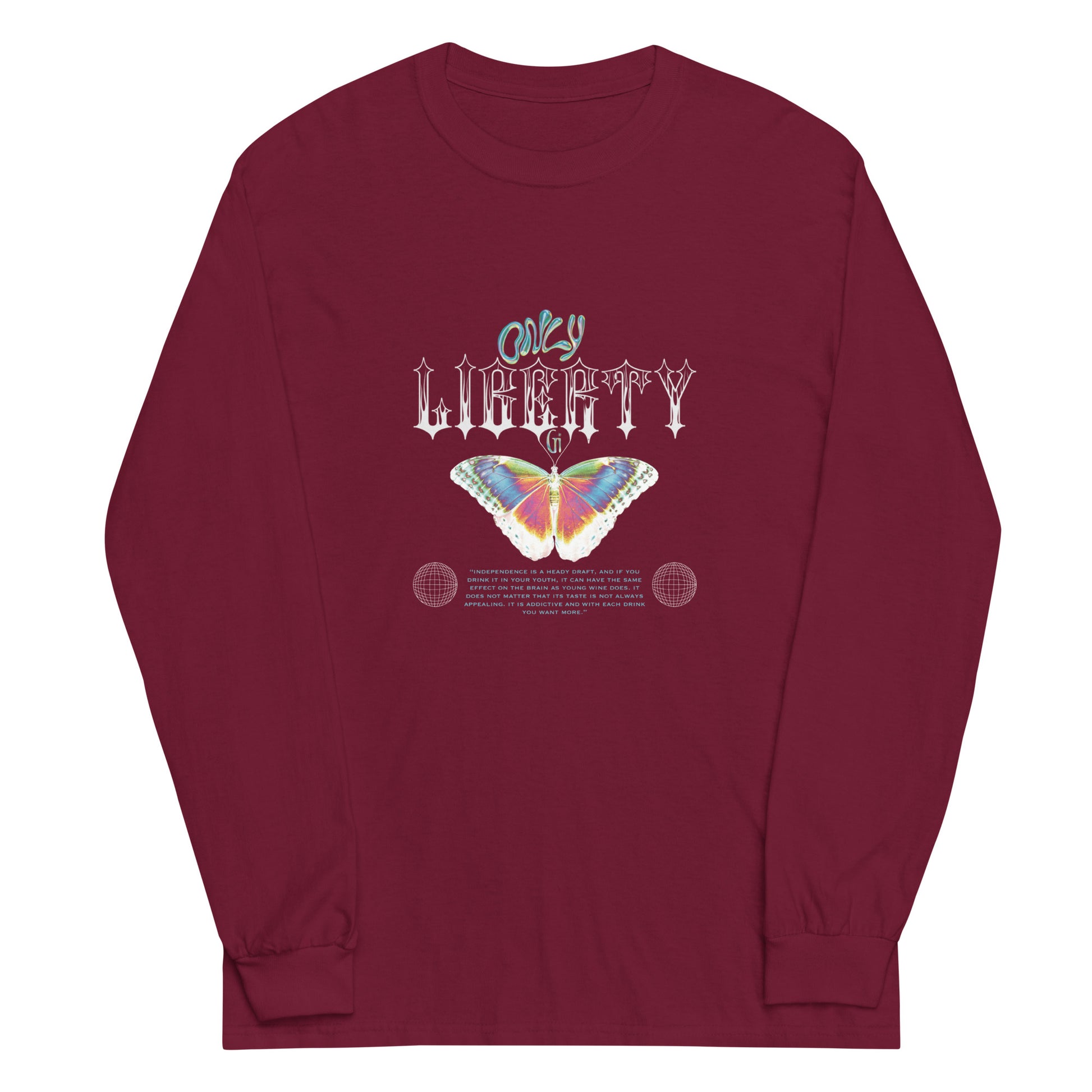 maroon unisex long sleeve with butterfly print