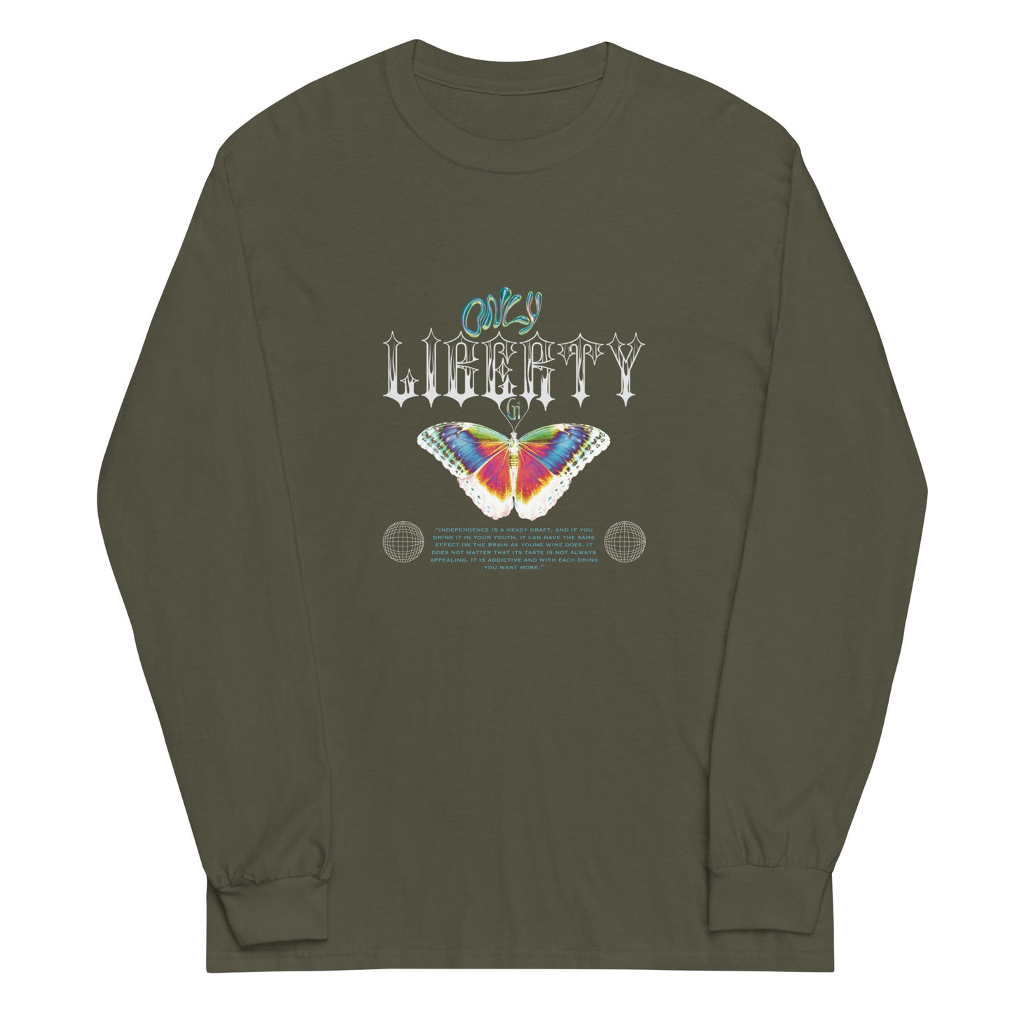 military green unisex long sleeve with butterfly print