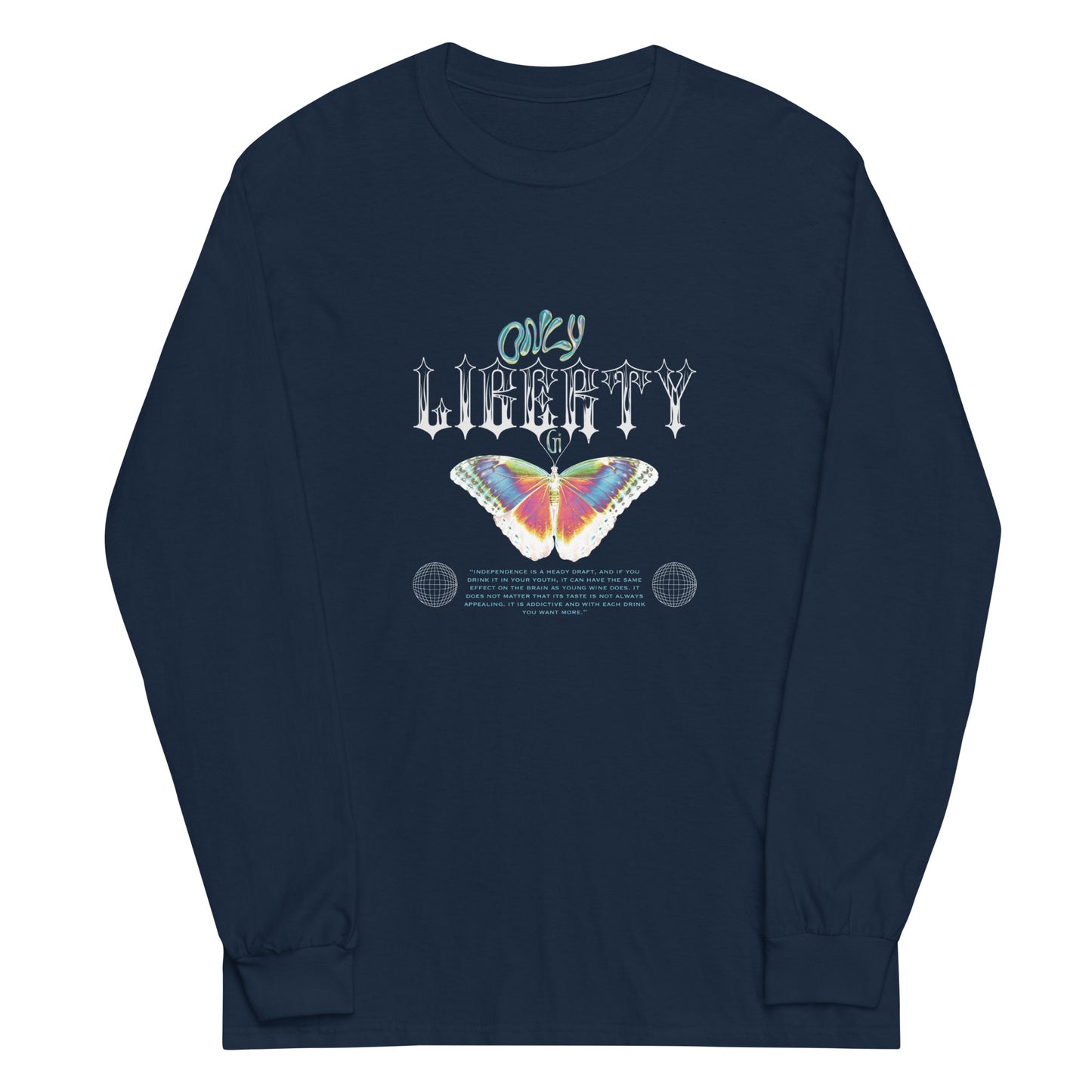navy unisex long sleeve with butterfly print