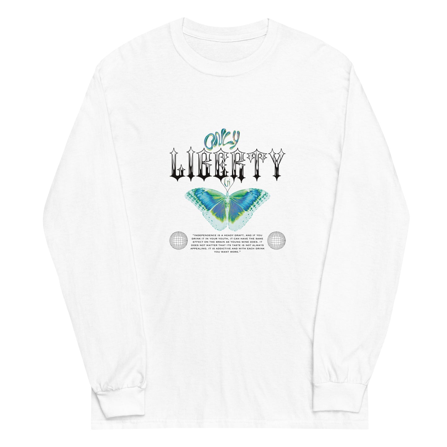 white unisex long sleeve with butterfly print