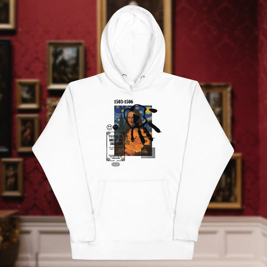 white unisex premium cotton hoodie with Mona Lisa