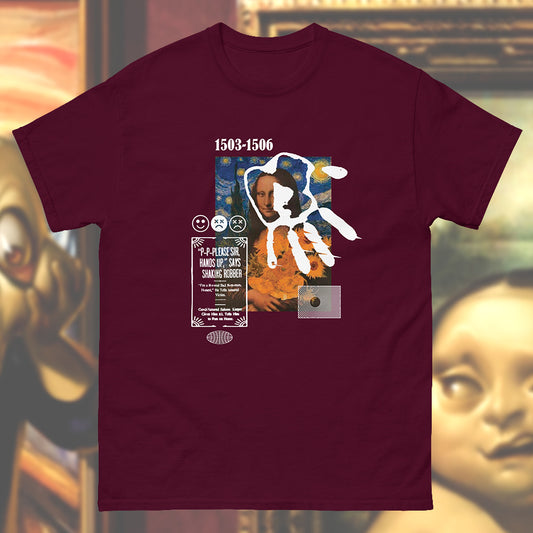 maroon color cotton t shirt with Mona Lisa