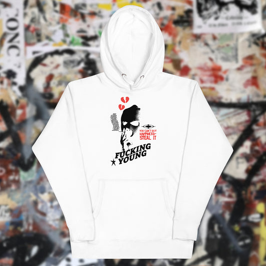 white unisex premium cotton hoodie with gangster mask