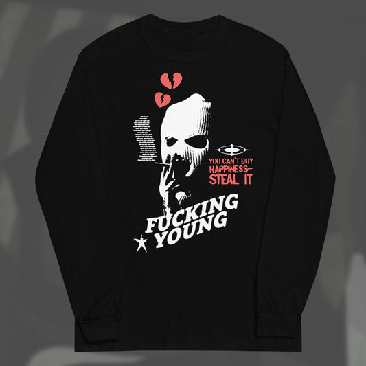black unisex long sleeve with gangster mask print