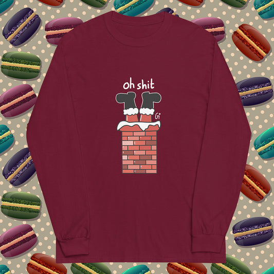 maroon unisex long sleeve with Santa in chimney print
